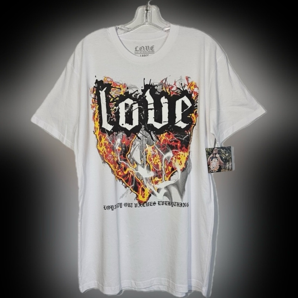 NWT L.O.V.E Kodak Black Graphic Tee Mens Size Large Burning Heart White
